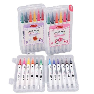 Promotional Watercolor Brush Pen 12 Colors Brush Dual Tip Painting stationery Water Color Marker Pens Set for Kids Adults